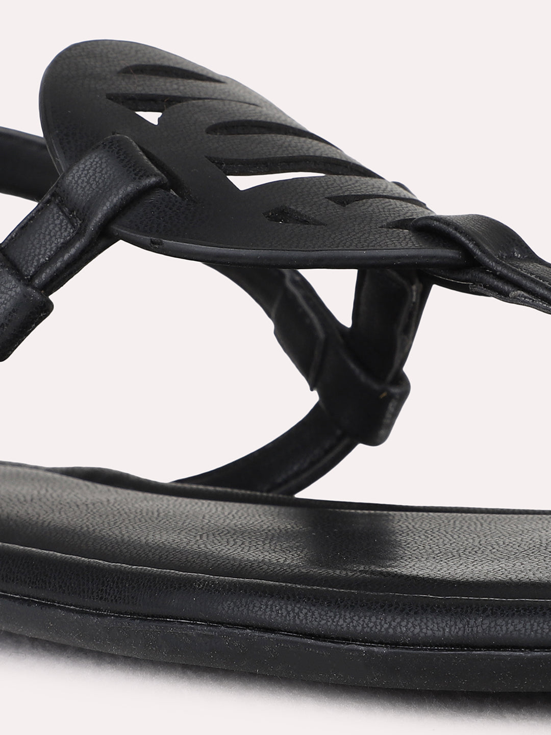 Womens Black Casual Striped T-Strap Flat Sandals