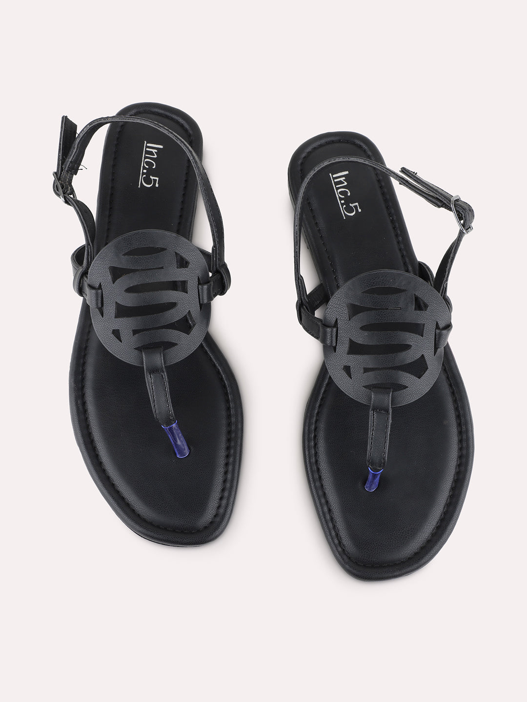 Womens Black Casual Striped T-Strap Flat Sandals