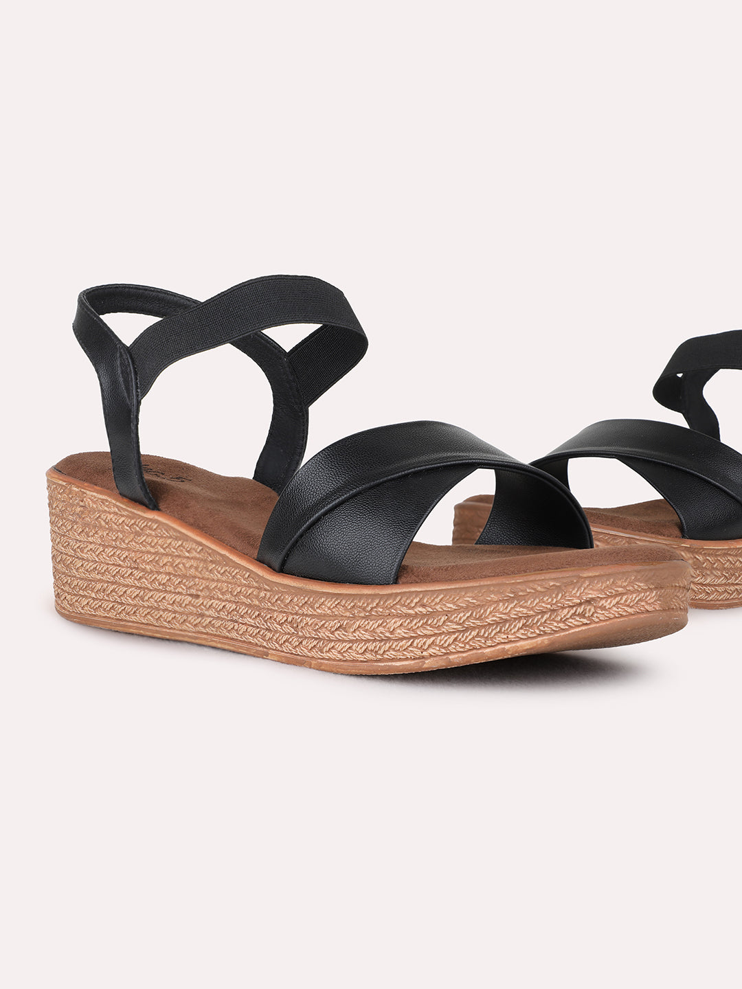 Womens Black Casual Solid Pattern Round Toe Wedge Heels