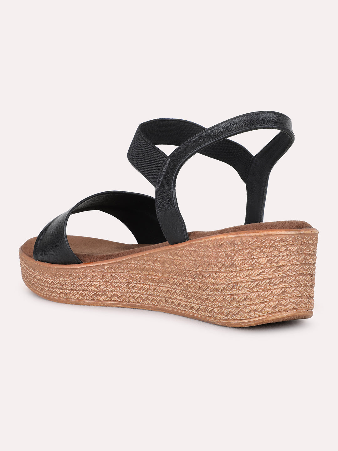 Womens Black Party Wear Solid Pattern Round Toe Wedge Heels