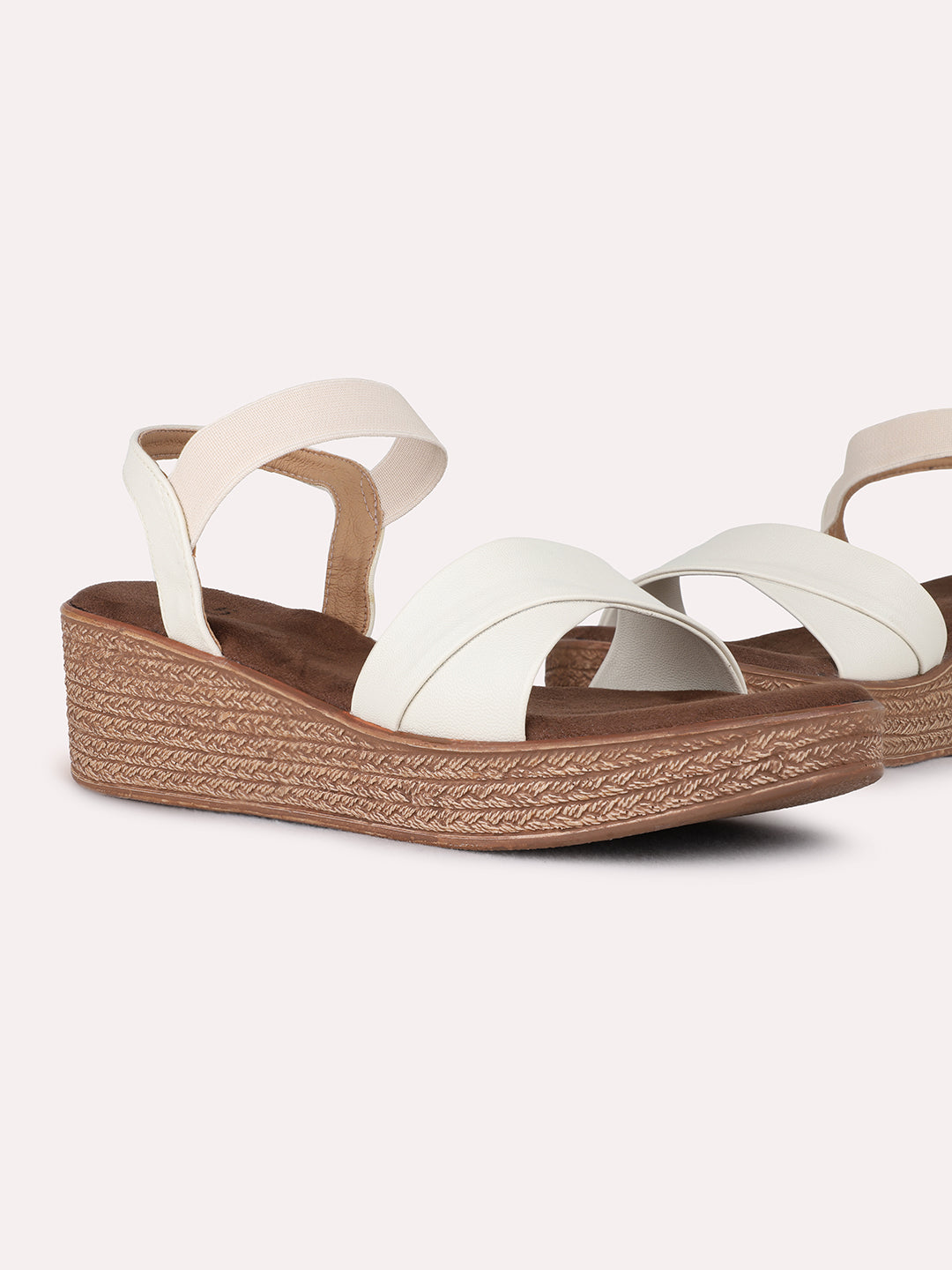 Womens Cream Party Wear Solid Round Toe Wedge Heels