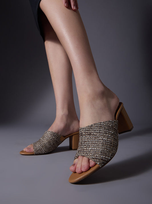 Womens Beige Party Wear Solid Round Toe Block Heels
