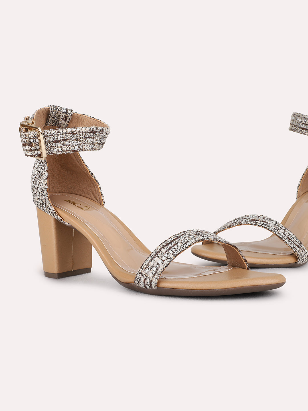 Womens Beige Party Wear Embellished Square Toe Block Heel Sandals