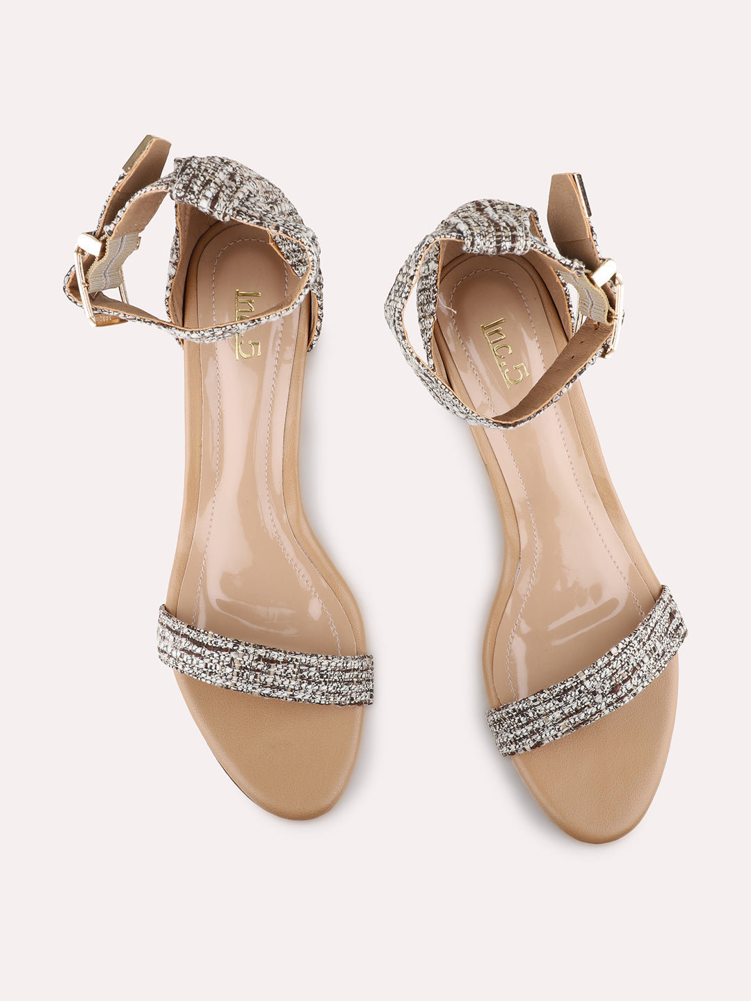 Womens Beige Party Wear Printed Round Toe Block Heels