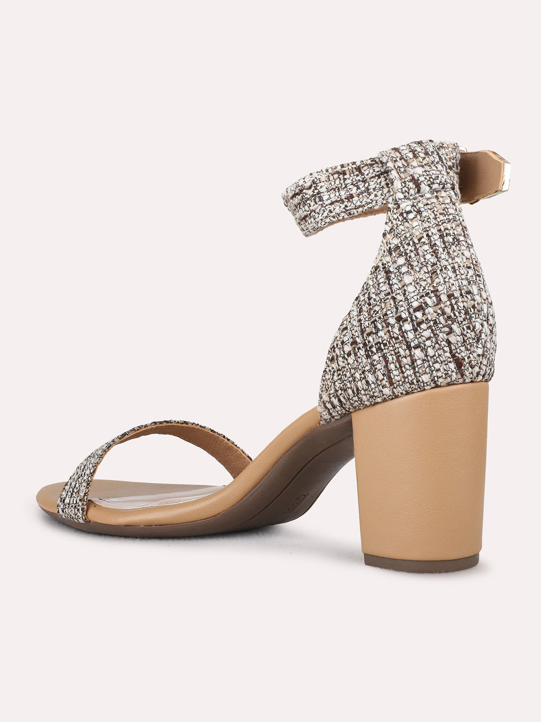 Womens Beige Party Wear Printed Round Toe Block Heels