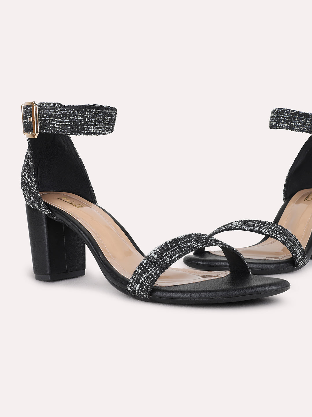 Womens Black Party Wear Embellished Square Toe Block Heel Sandals