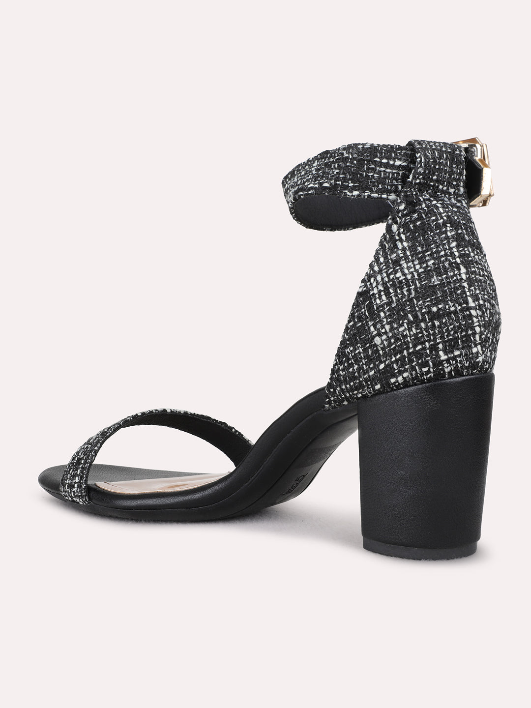 Womens Black Party Wear Embellished Square Toe Block Heel Sandals