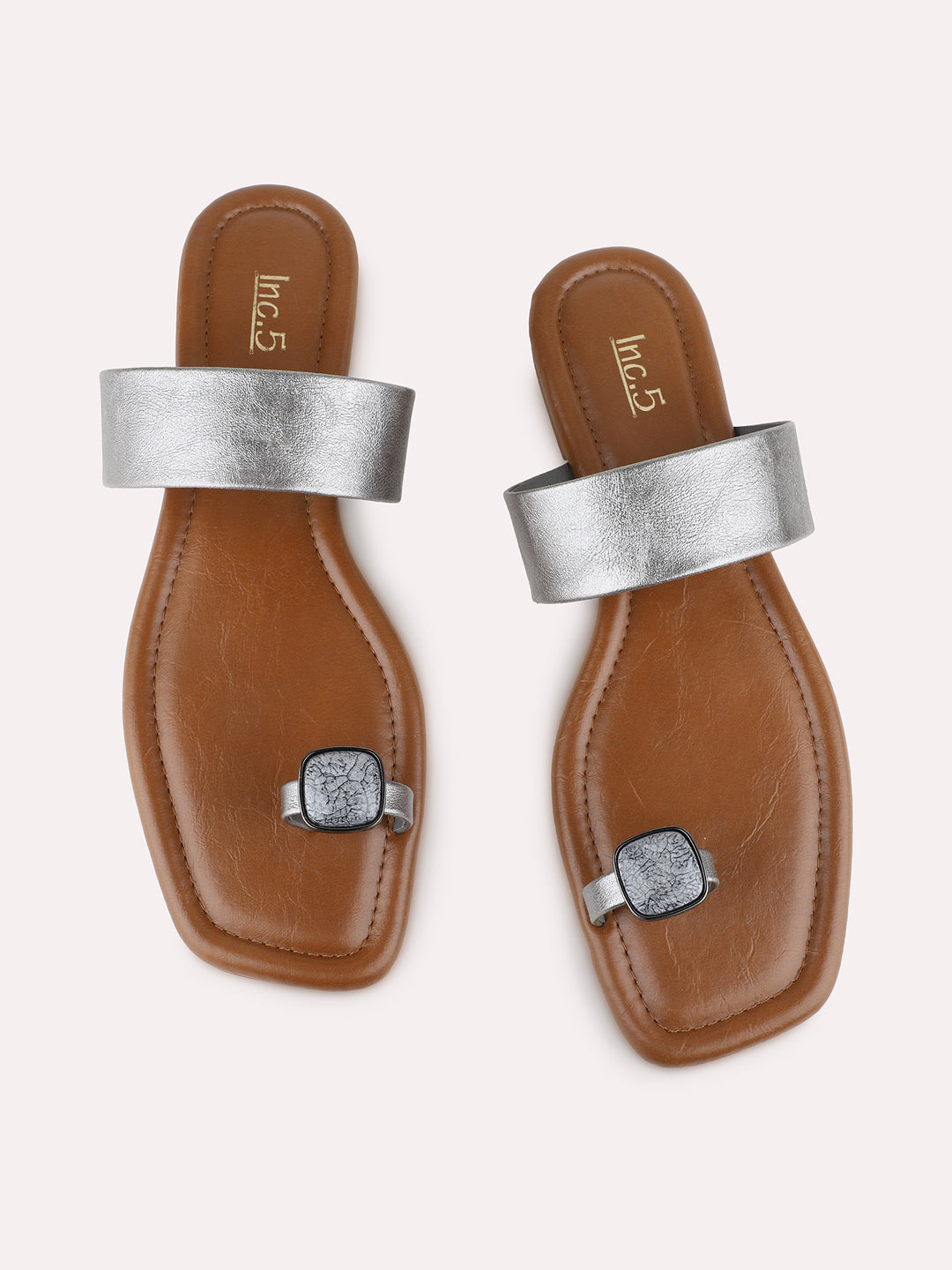 Womens Pewter Casual Solid One Toe Flat Slip On Sandals