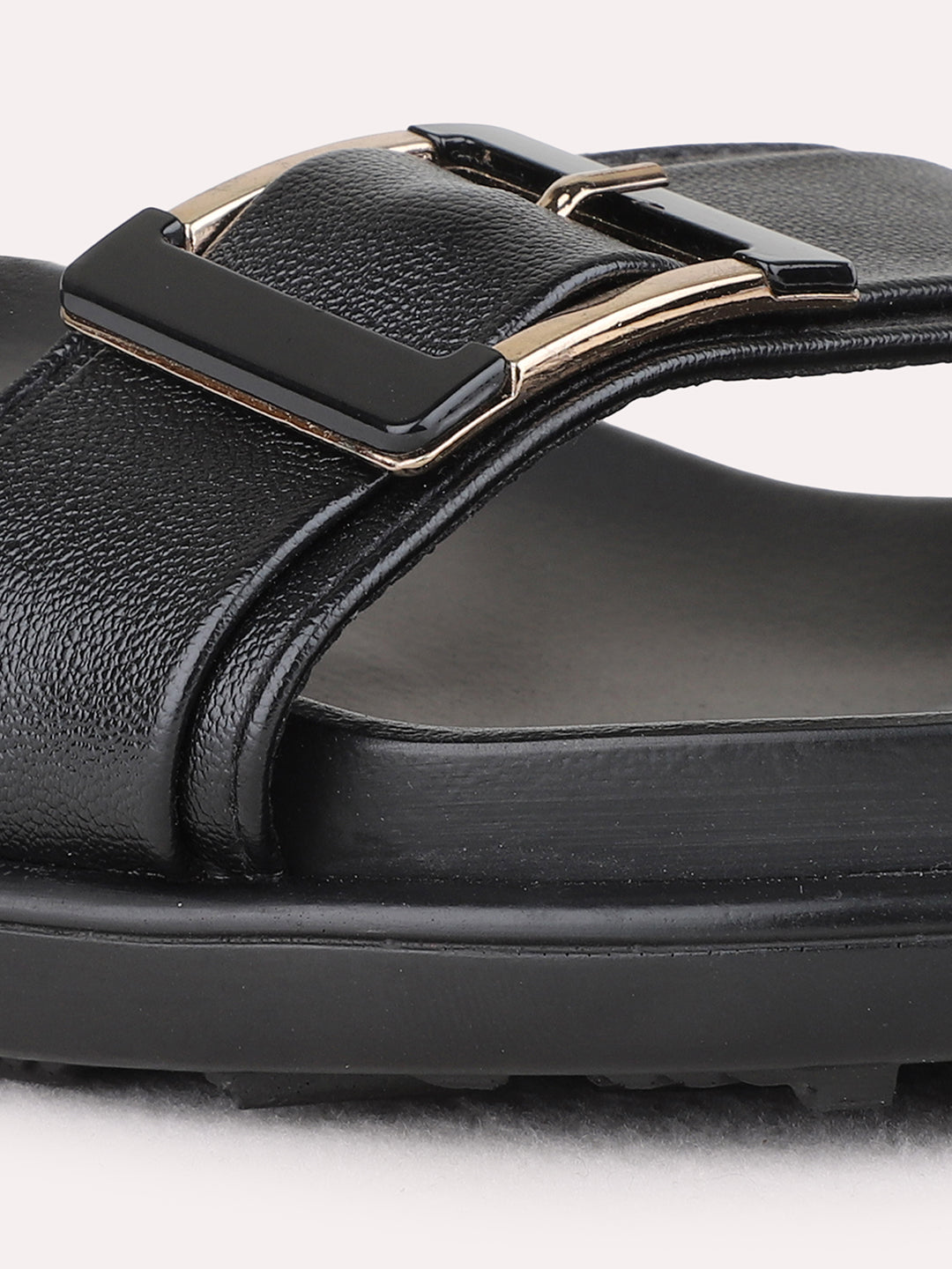 Womens Black Casual Solid Open Toe Flat Sandals