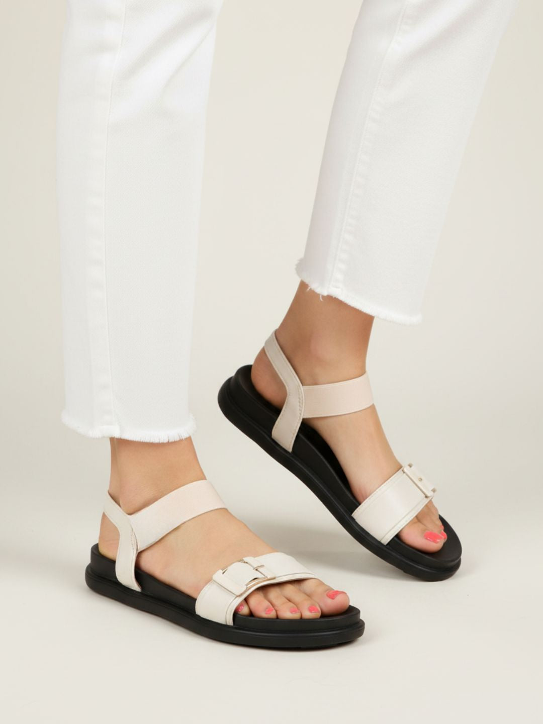 Womens Cream Casual Solid Open Toe Flats
