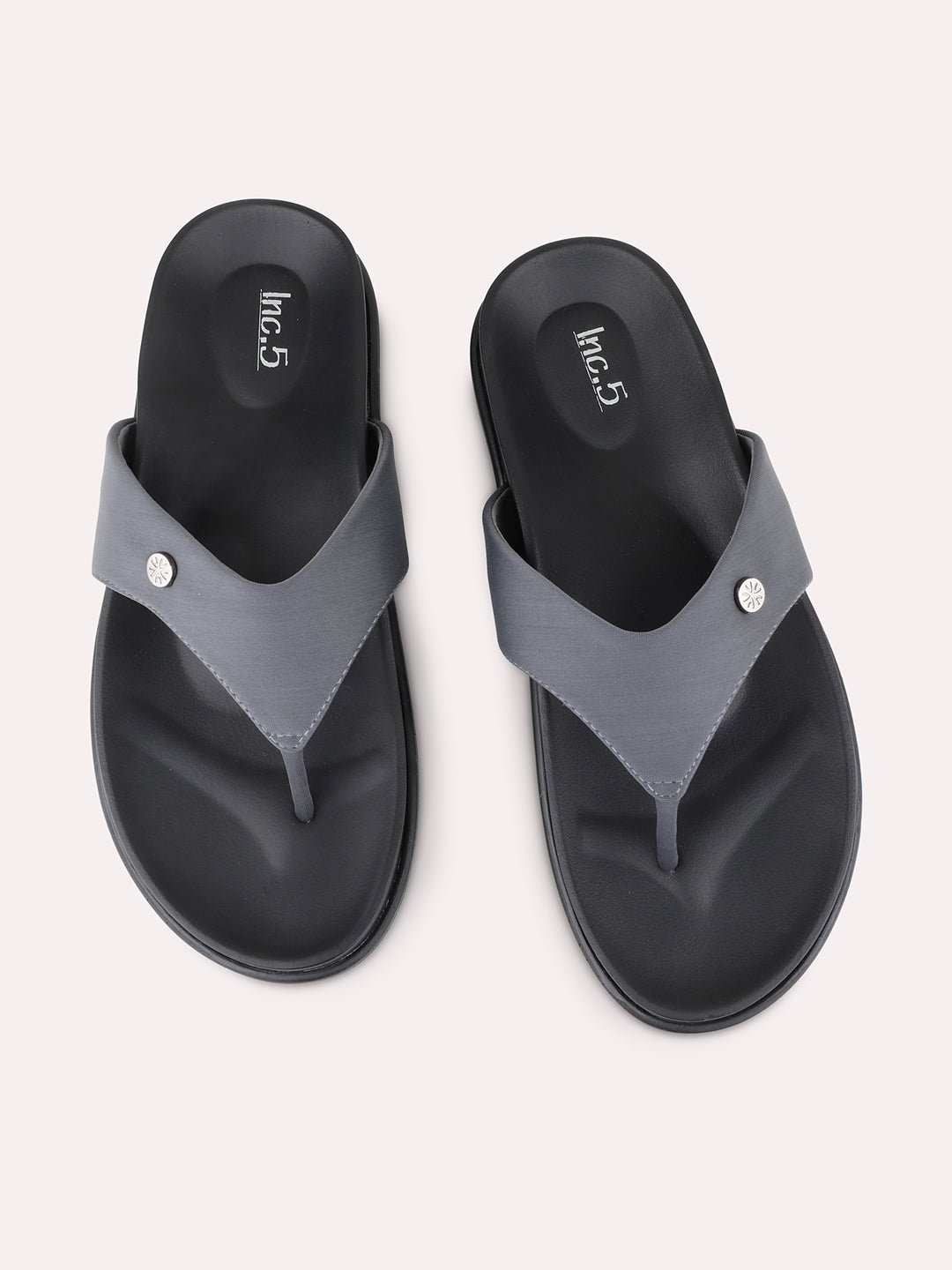 Womens Grey Casual Solid T-Strap Flat Slip-On Sandals