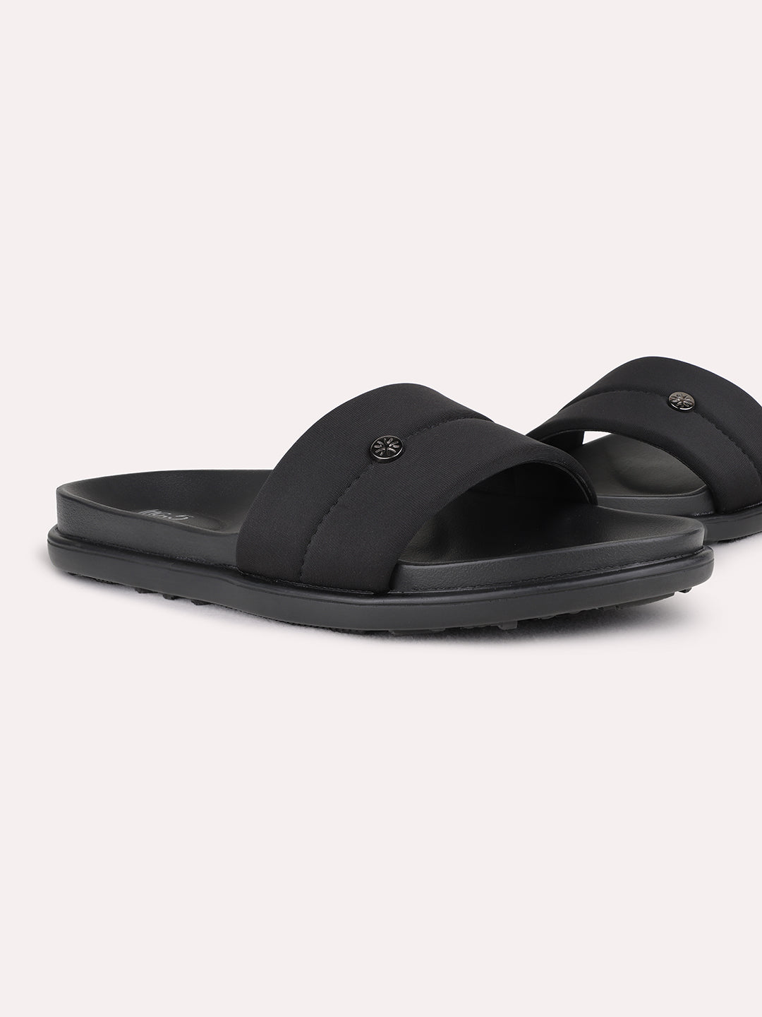 Womens Black Casual Solid T-Strap Flat Slip-On Sandals
