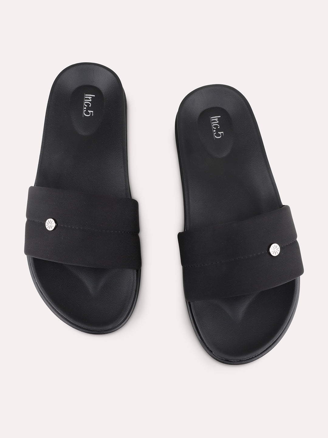 Womens Black Casual Solid T-Strap Flat Slip-On Sandals