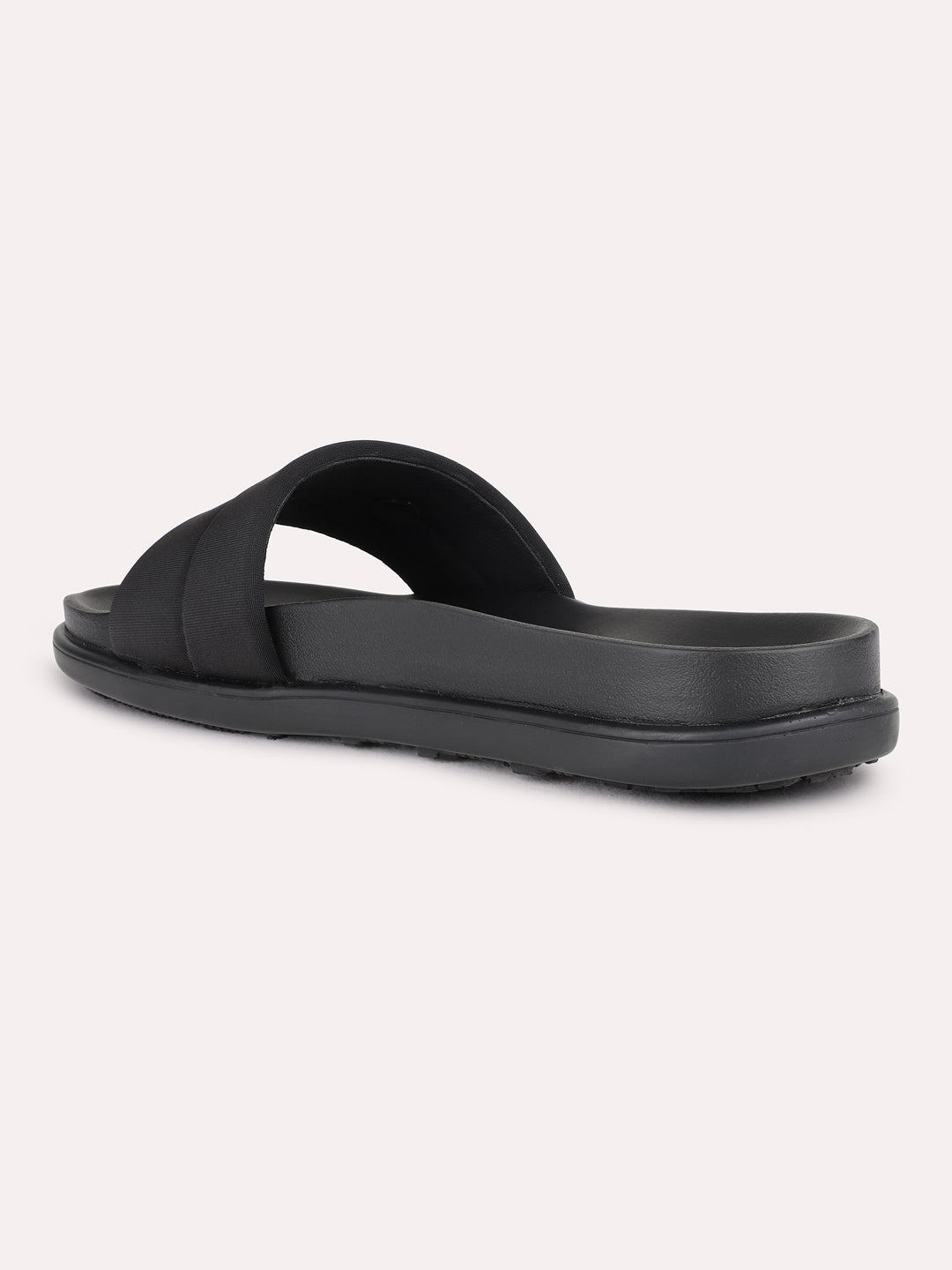 Womens Black Casual Solid T-Strap Flat Slip-On Sandals