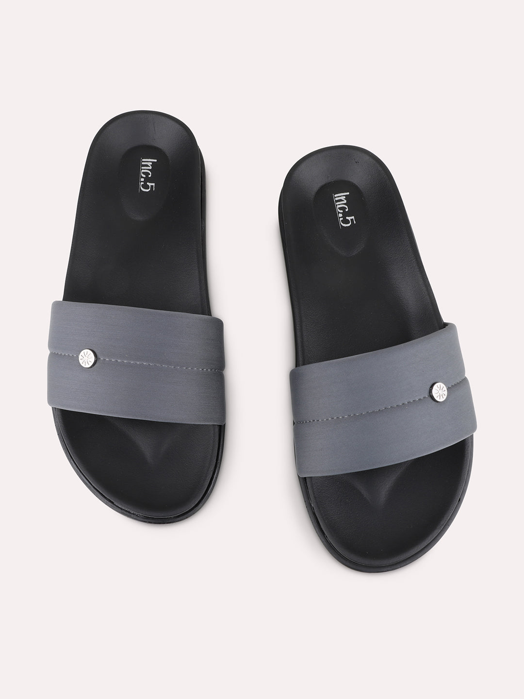 Womens Grey Casual Solid T-Strap Flat Slip-On Sandals