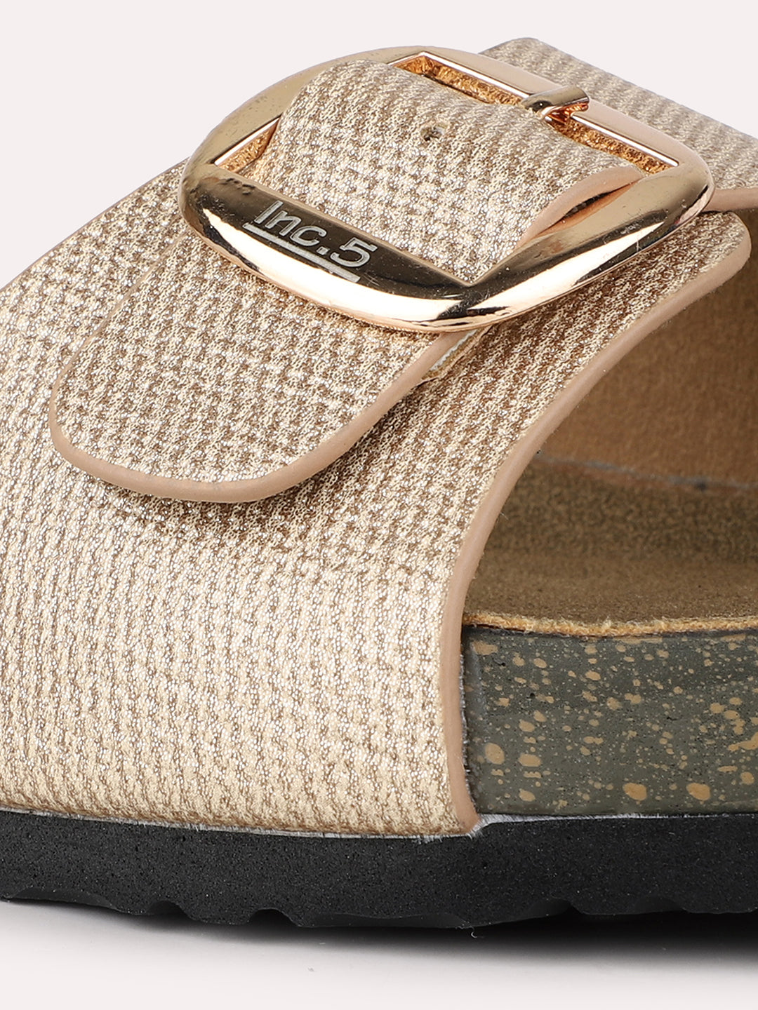 Women Golden Casual Printed Round Toe Open Toe Slip-On Flats