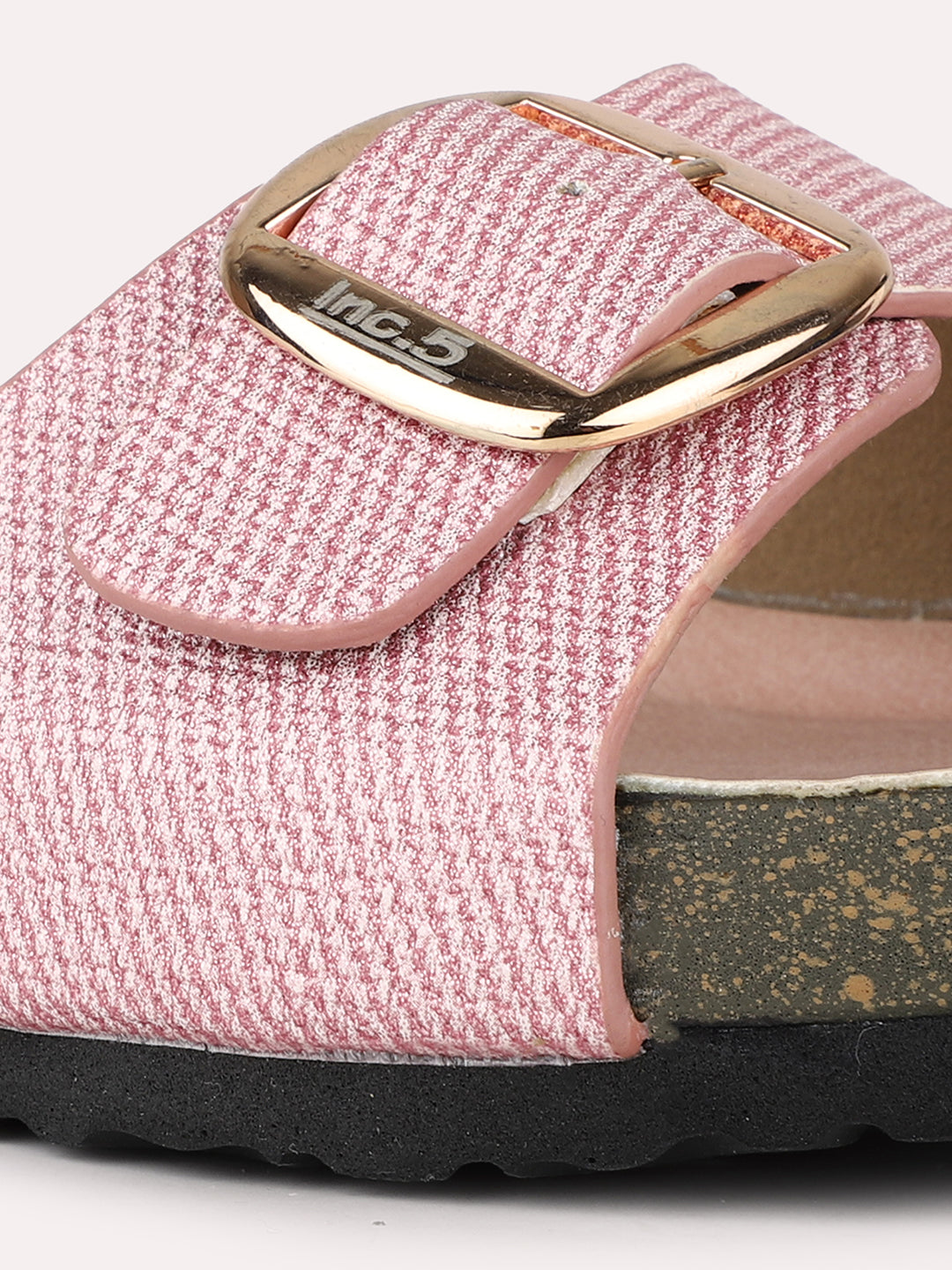 Women Rose Gold Casual Printed Round Toe Open Toe Slip-On Flats