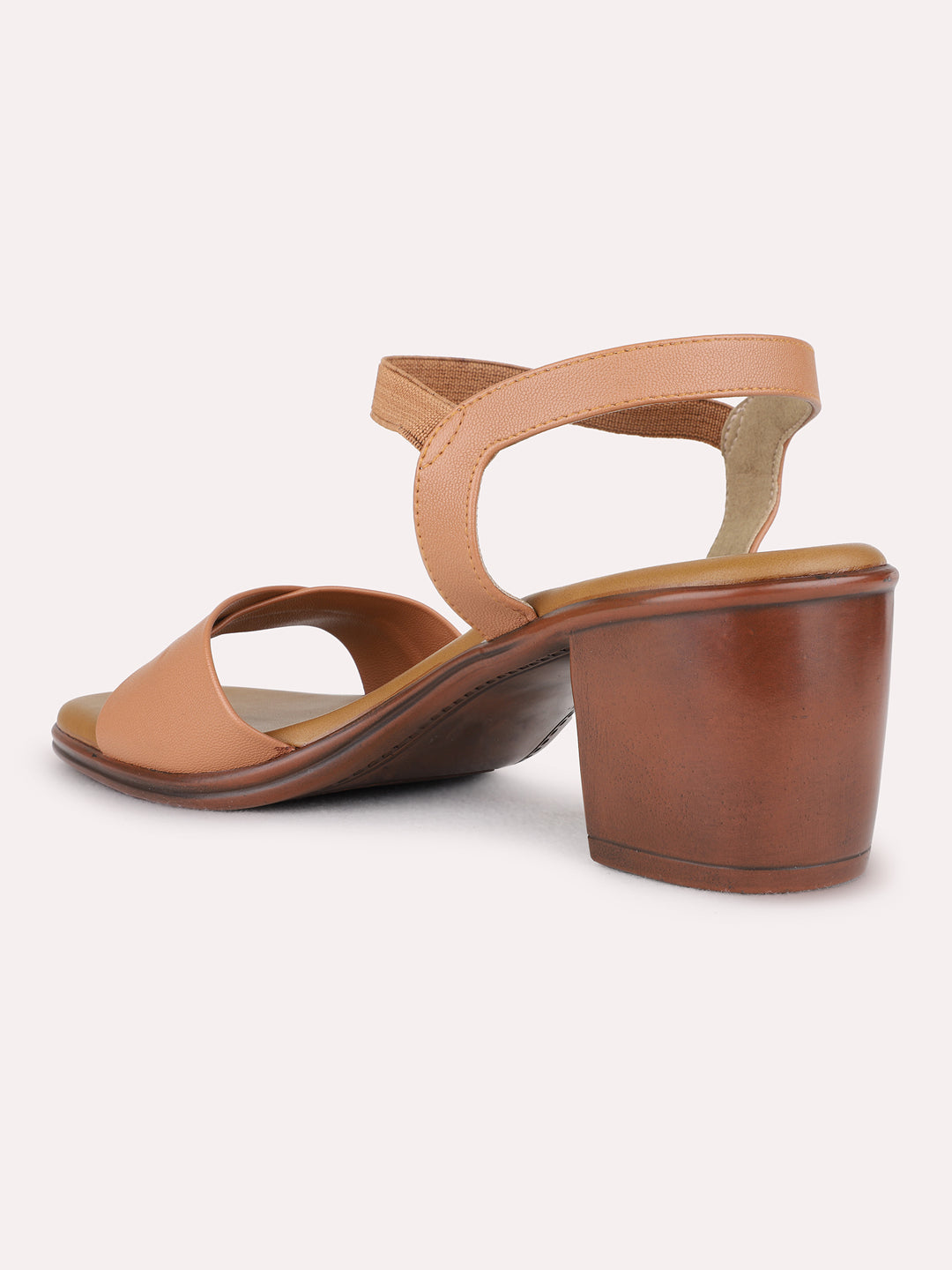 Womens Tan Party Wear Solid Round Toe Block Heel Sandals
