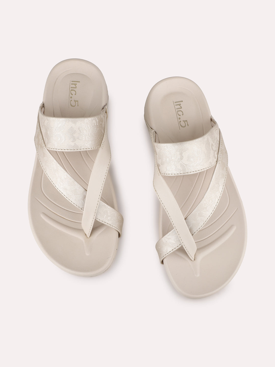 Women Cream Party Wear Solid Round Toe Slip-On Sandals