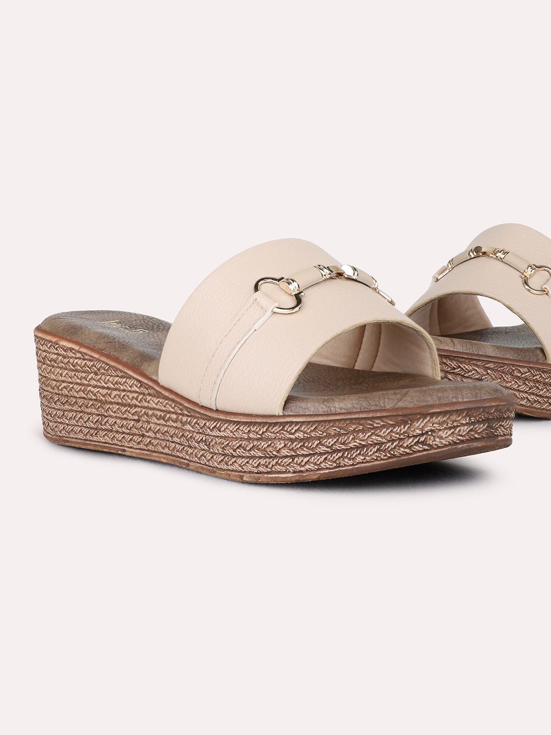 Womens Beige Casual Solid Round Toe Wedge Heel Sandals