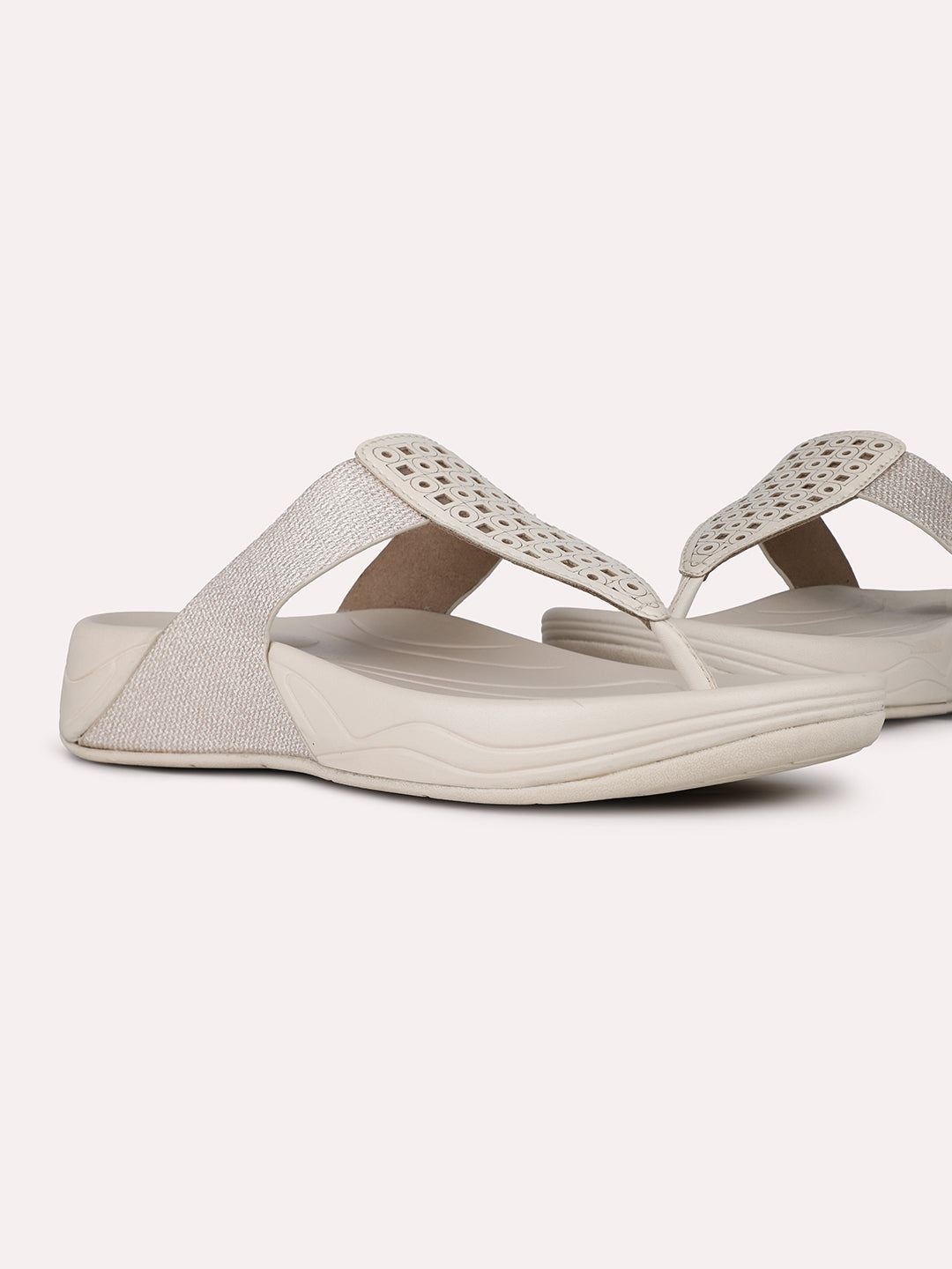 Women Beige Party Wear Embellished Round Toe Slip-On Sandals