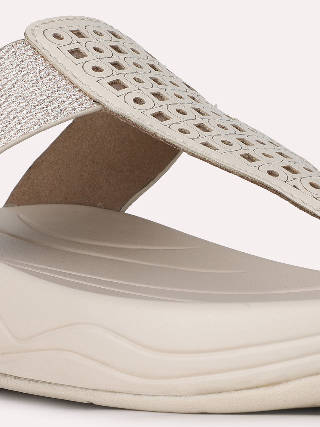 Women Beige Party Wear Embellished Round Toe Slip-On Sandals