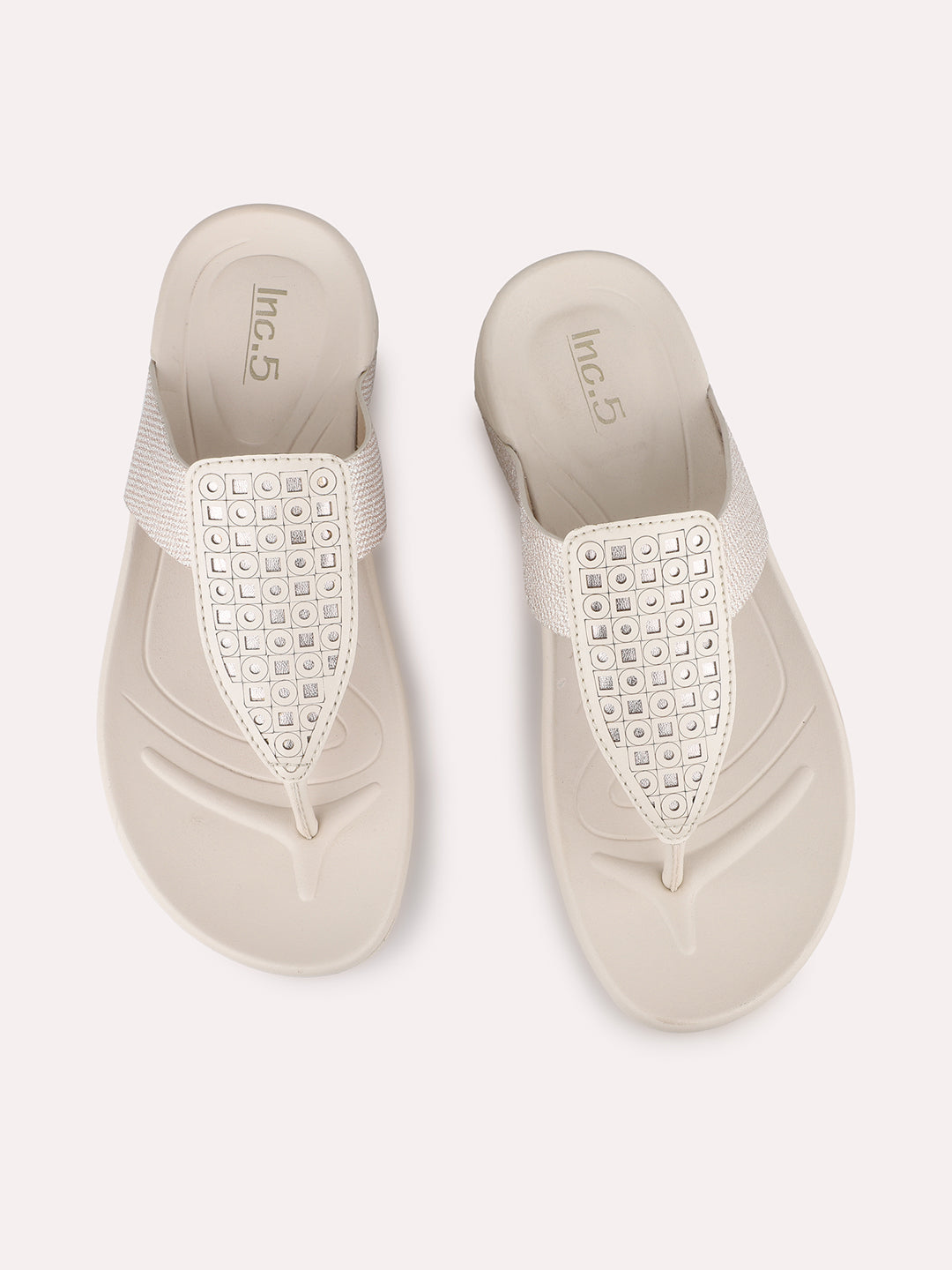 Women Beige Party Wear Embellished Round Toe Slip-On Sandals