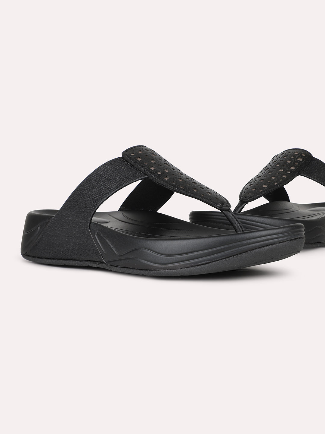 Women Black Party Wear Embellished Round Toe Slip-On Sandals