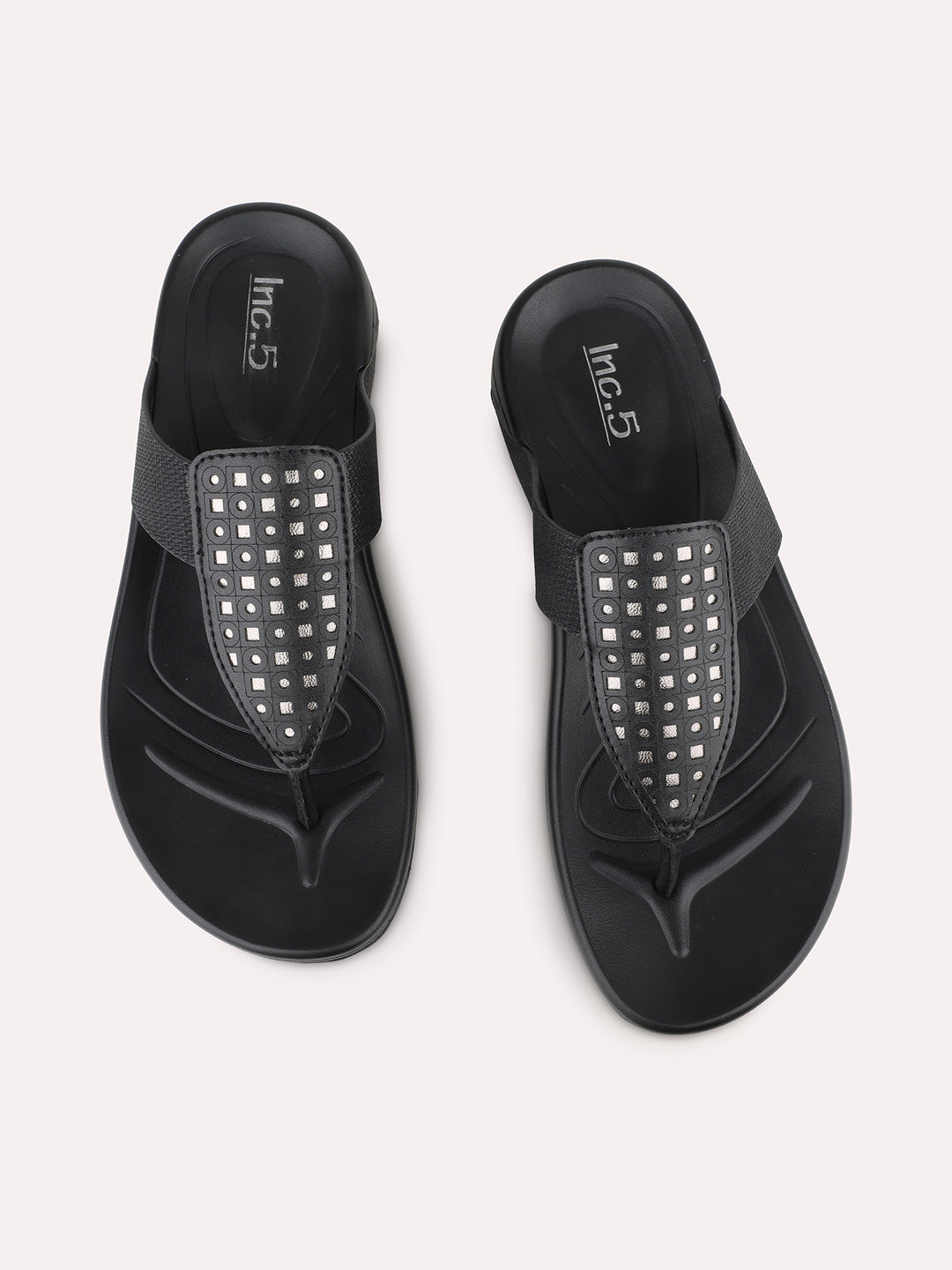 Women Black Party Wear Embellished Round Toe Slip-On Sandals