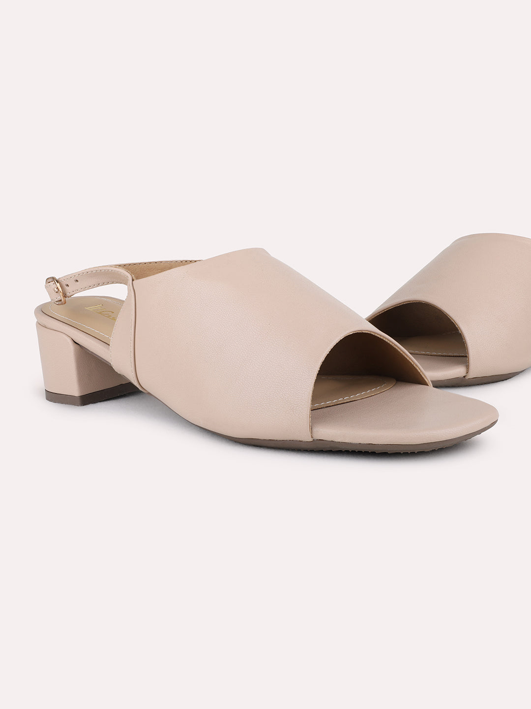 Womens Beige Party Wear Solid Square Toe Block Heel Sandals