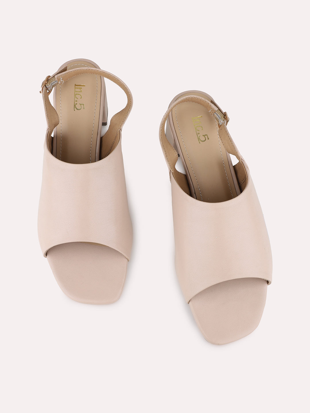 Womens Beige Party Wear Solid Square Toe Block Heel Sandals