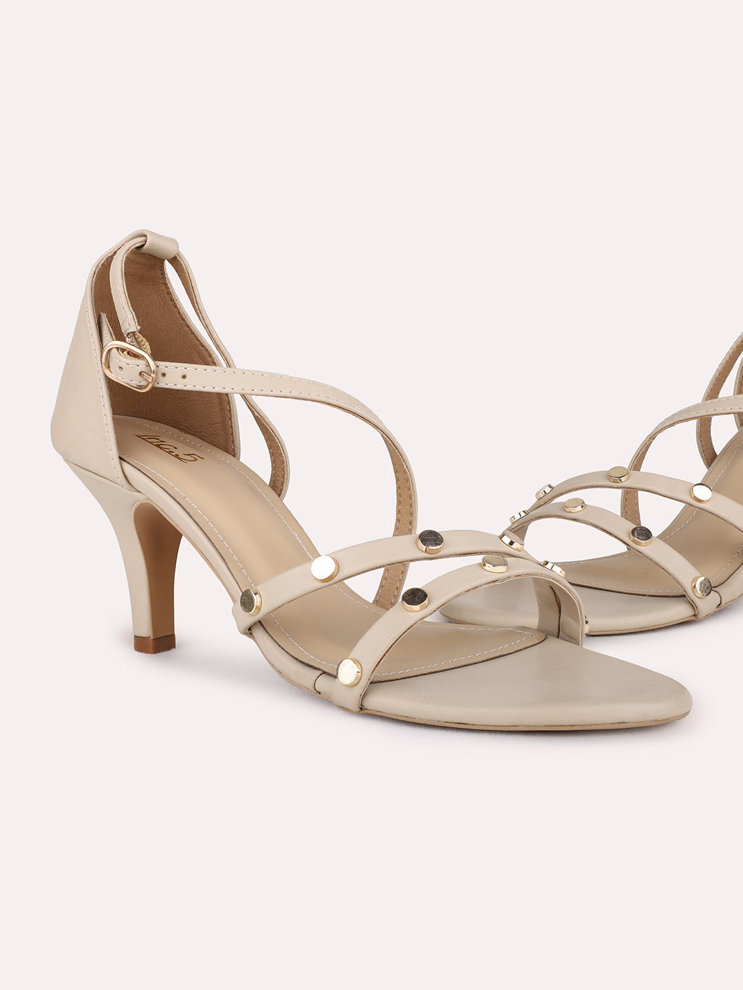 Womens Beige Party Wear Embellished Round Toe Kitten Heel Sandals