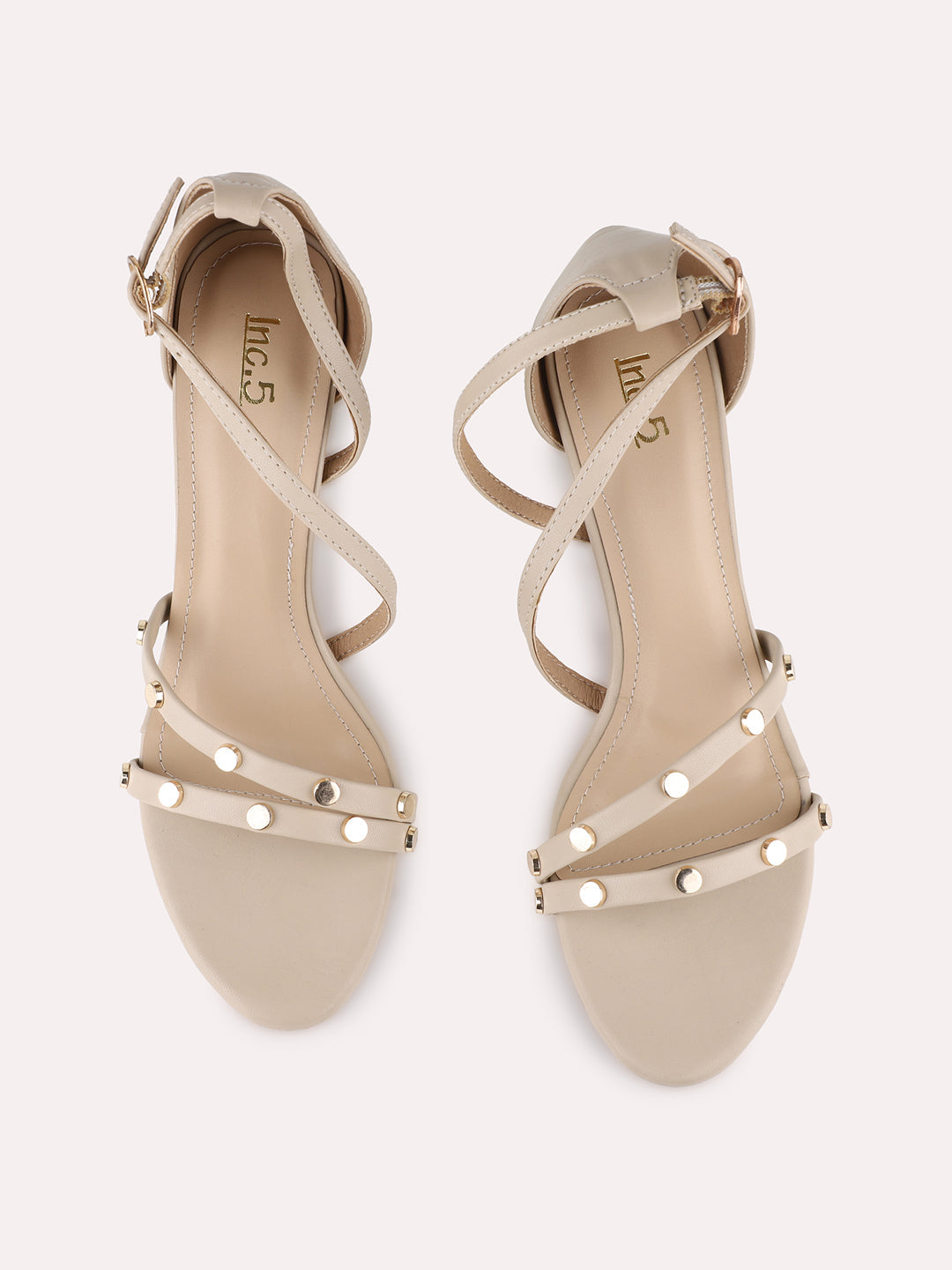 Womens Beige Party Wear Embellished Round Toe Kitten Heel Sandals