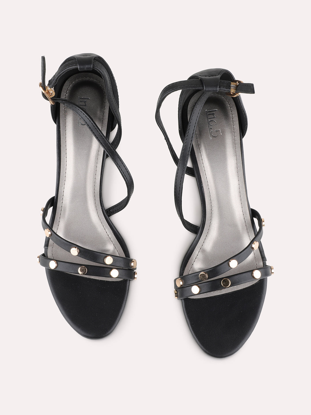 Womens Black Party Wear Embellished Round Toe Kitten Heel Sandals