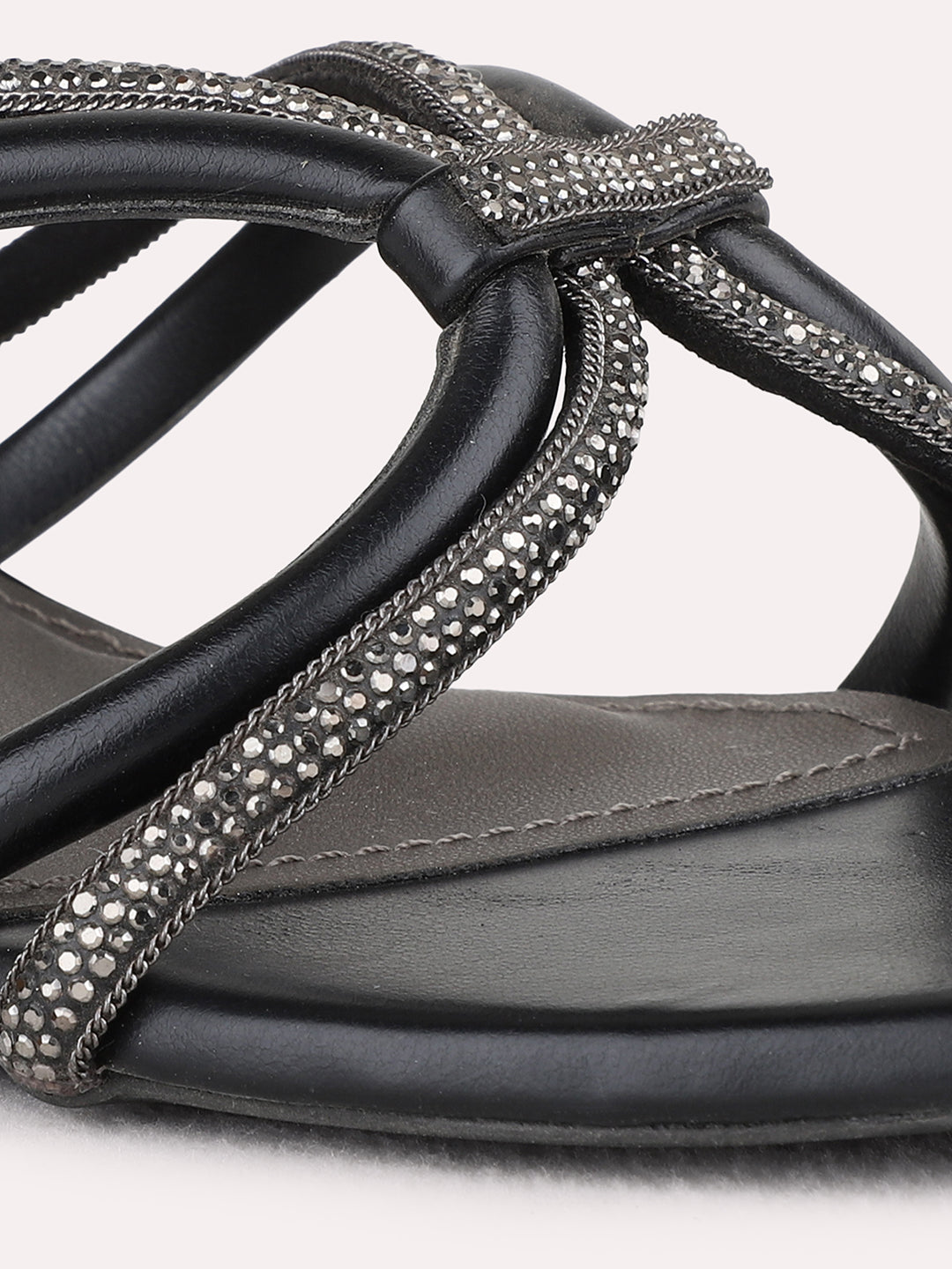 Womens Black Party Wear Striped Square Toe Block Heel Sandals