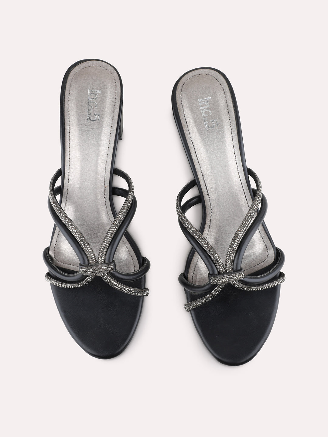 Womens Black Party Wear Striped Square Toe Block Heel Sandals