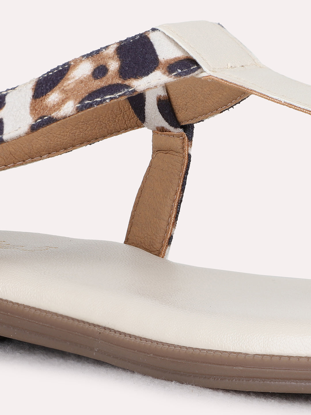 Womens Cream Casual Striped T-Strap Flat Sandals