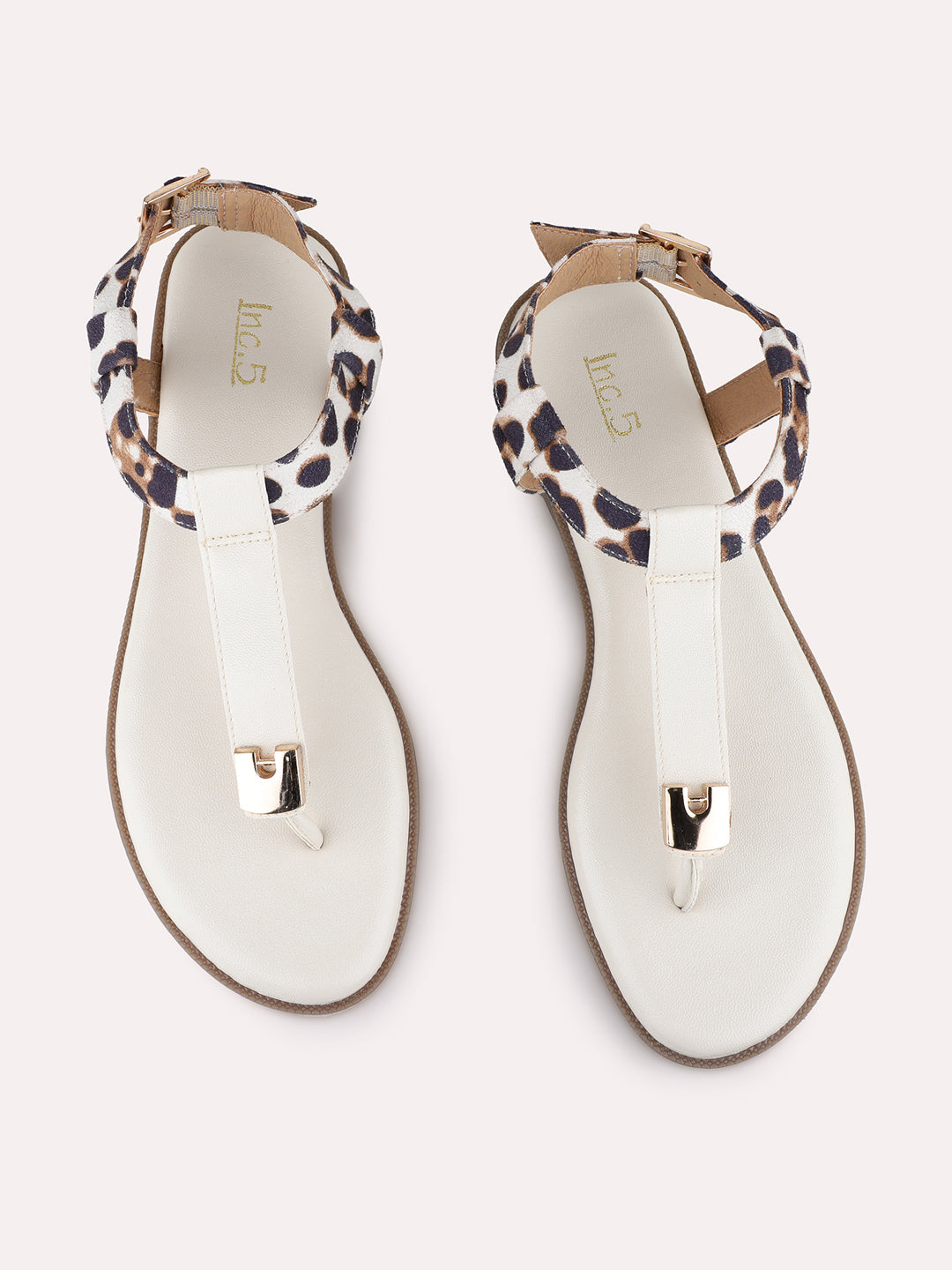 Womens Cream Casual Striped T-Strap Flat Sandals