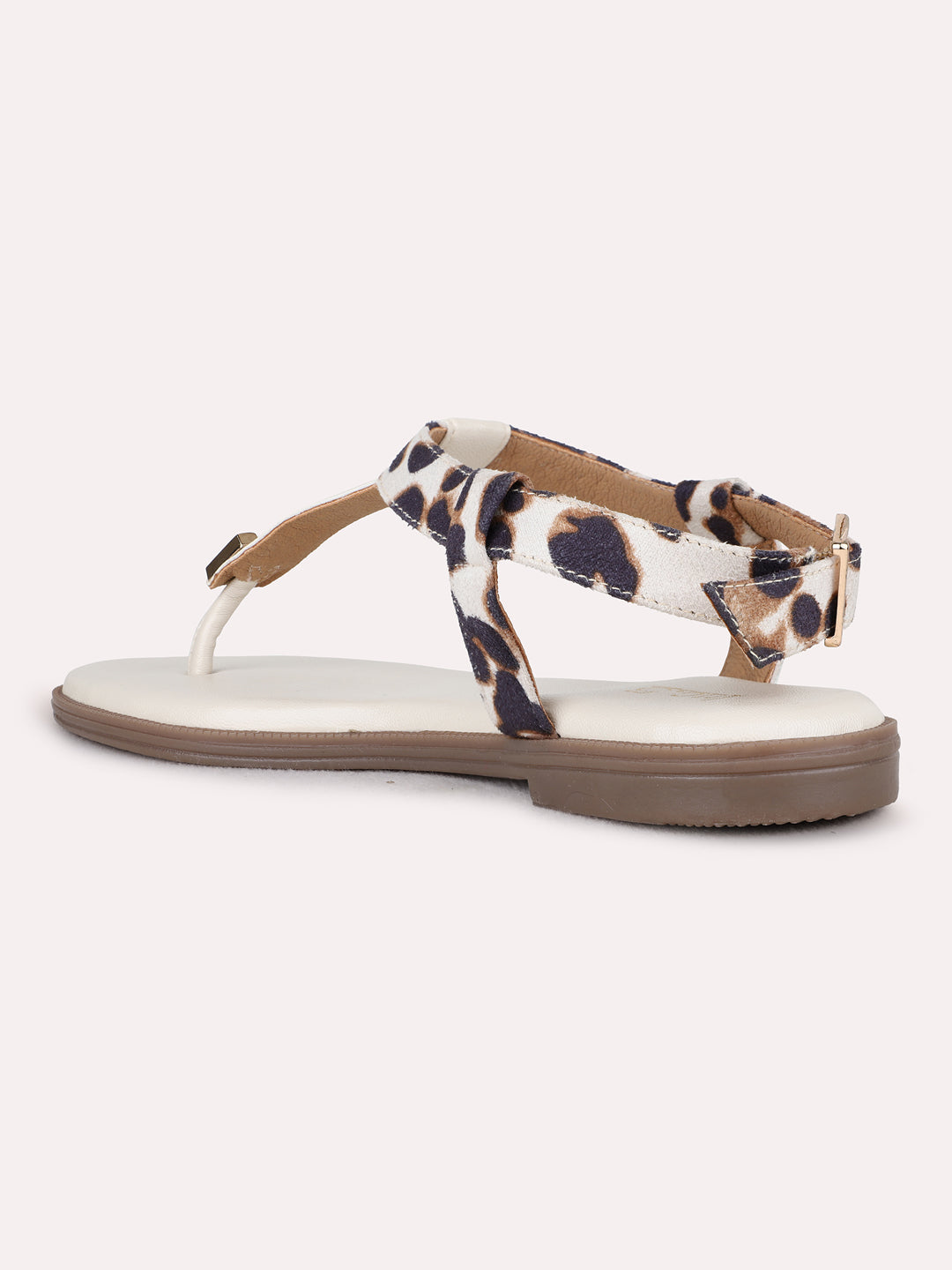 Womens Cream Casual Striped T-Strap Flat Sandals