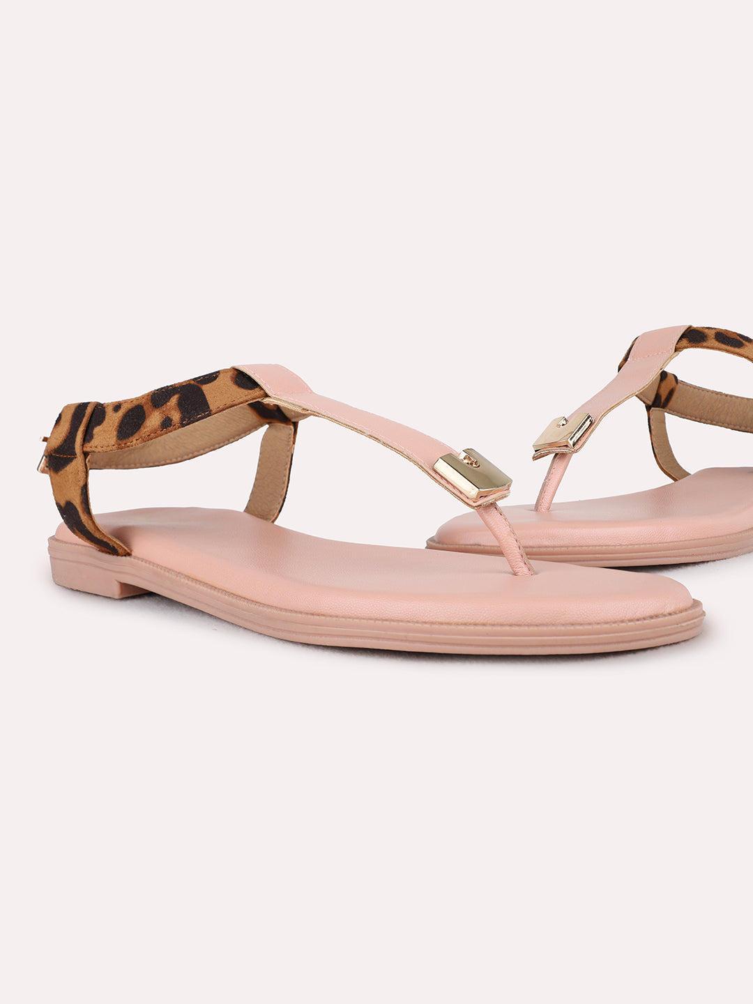 Womens Peach Casual Striped T-Strap Flat Sandals