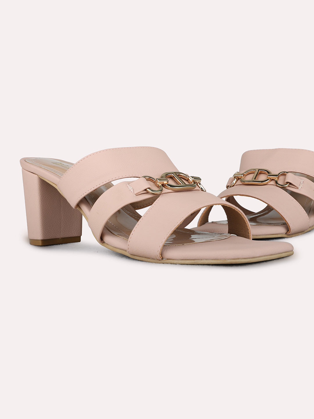 Womens Peach Party Wear Solid Square Toe Block Heel Sandals