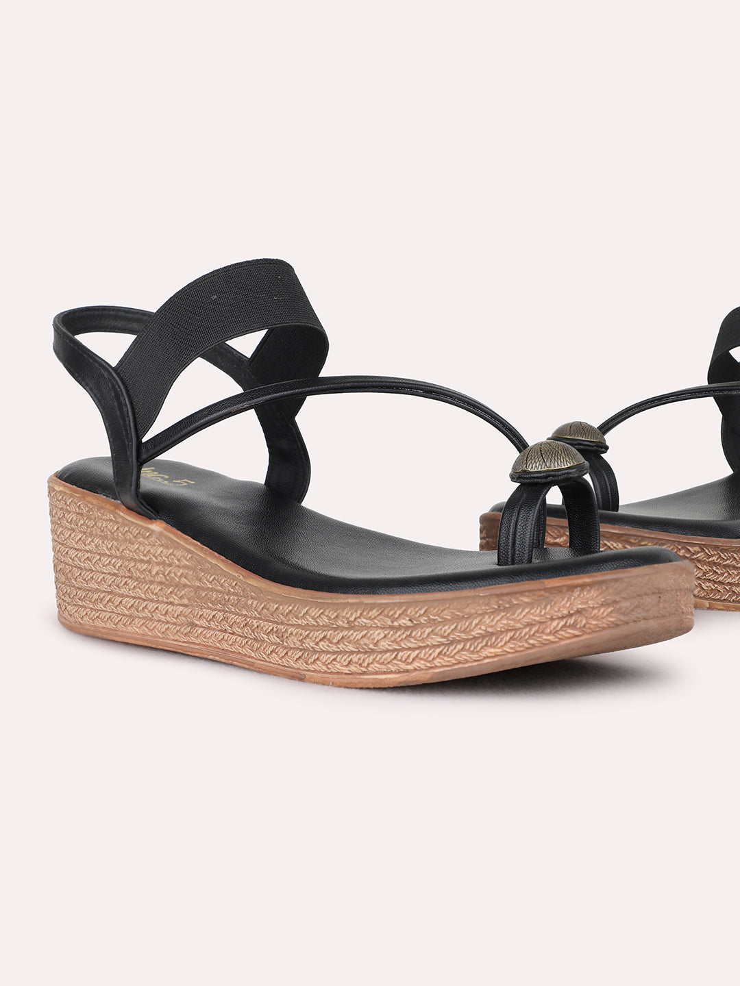 Womens Black Ethnic Striped Round Toe Wedge Heel Sandals