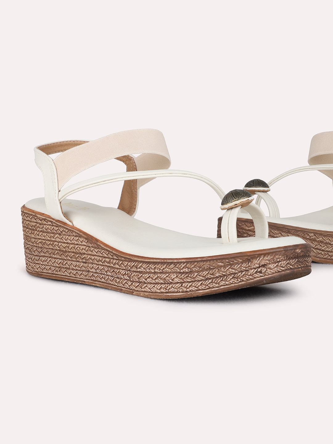 Womens Cream Ethnic Striped Round Toe Wedge Heel Sandals