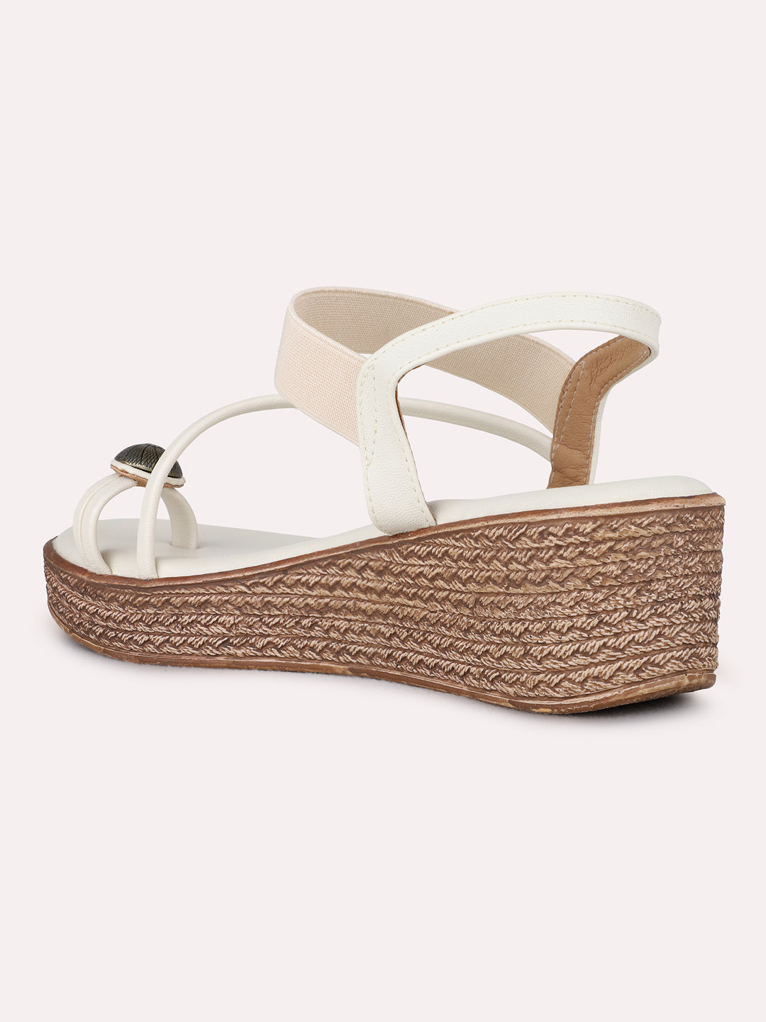 Womens Cream Ethnic Striped Round Toe Wedge Heel Sandals