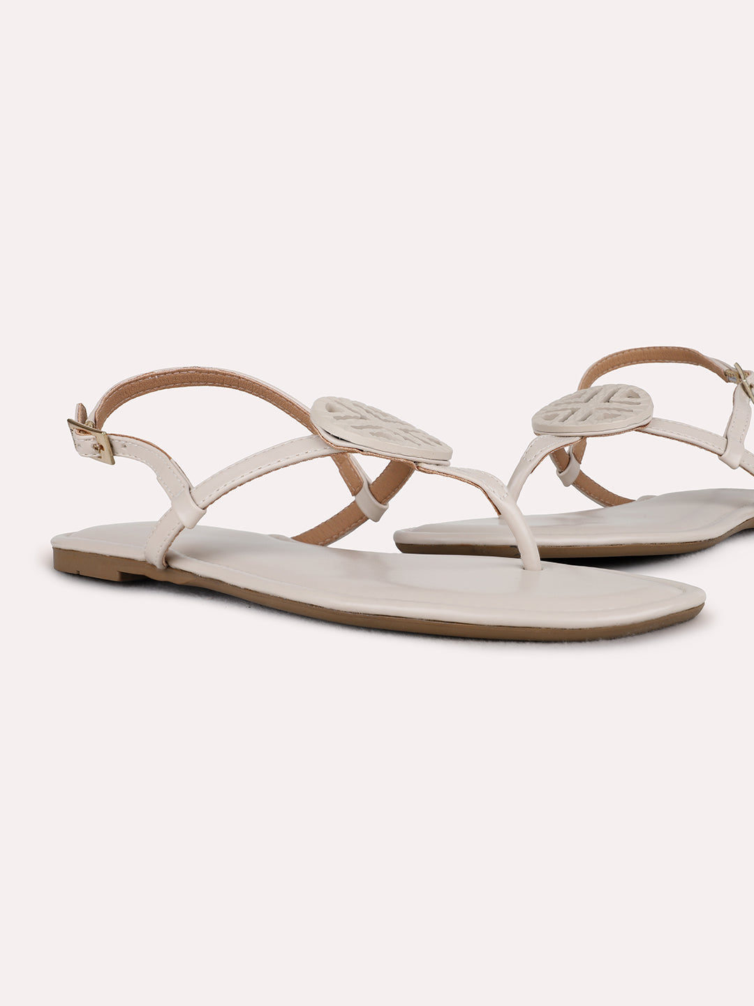 Womens Beige Casual Solid T-Strap Flat Sandals