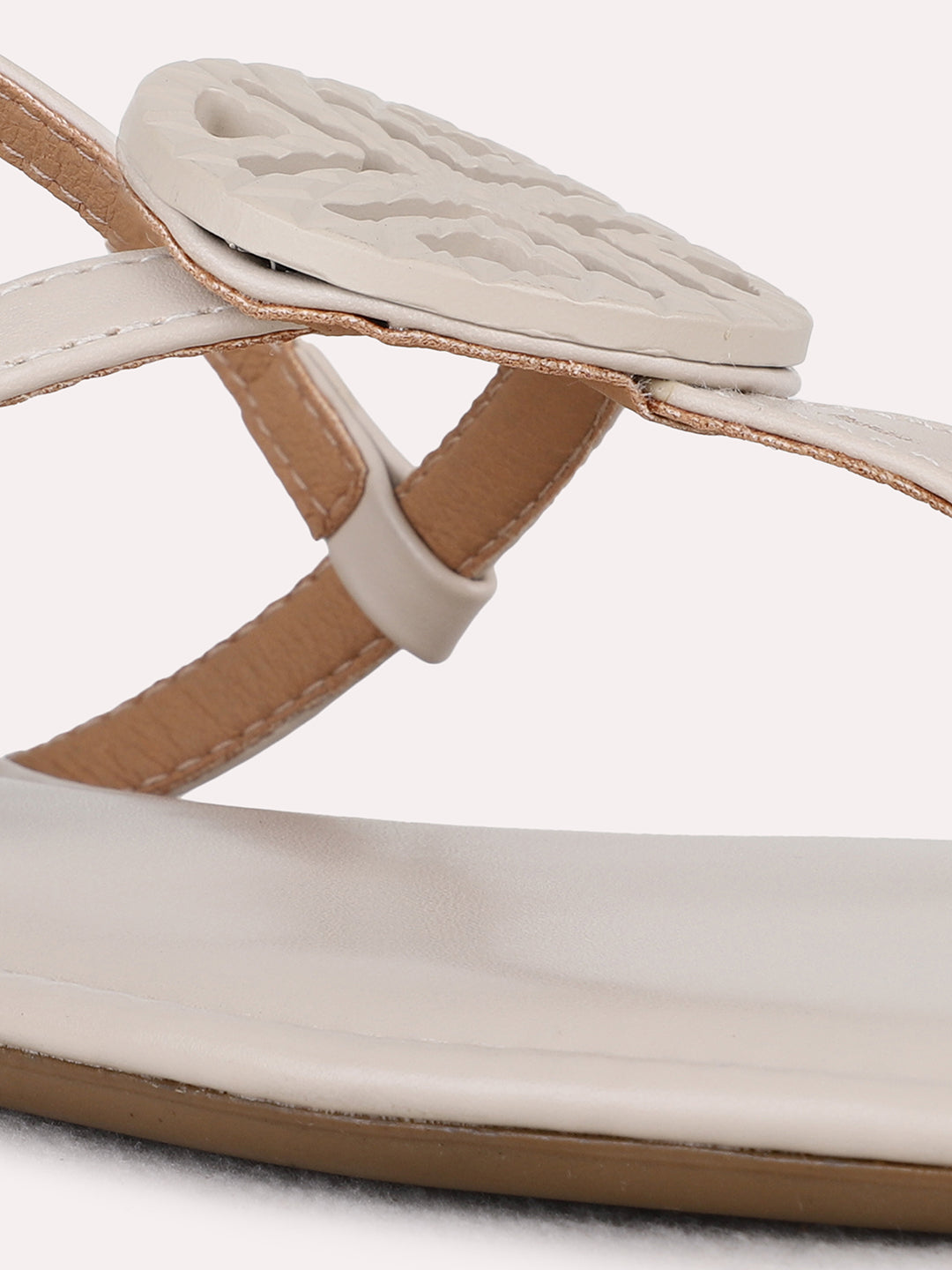 Womens Beige Casual Solid T-Strap Flat Sandals