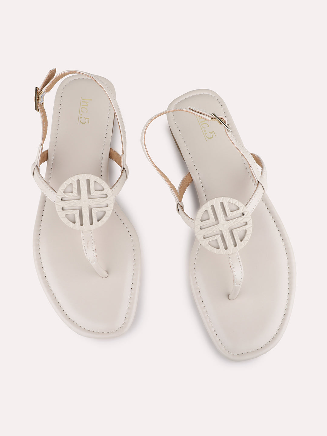 Womens Beige Casual Solid T-Strap Flat Sandals