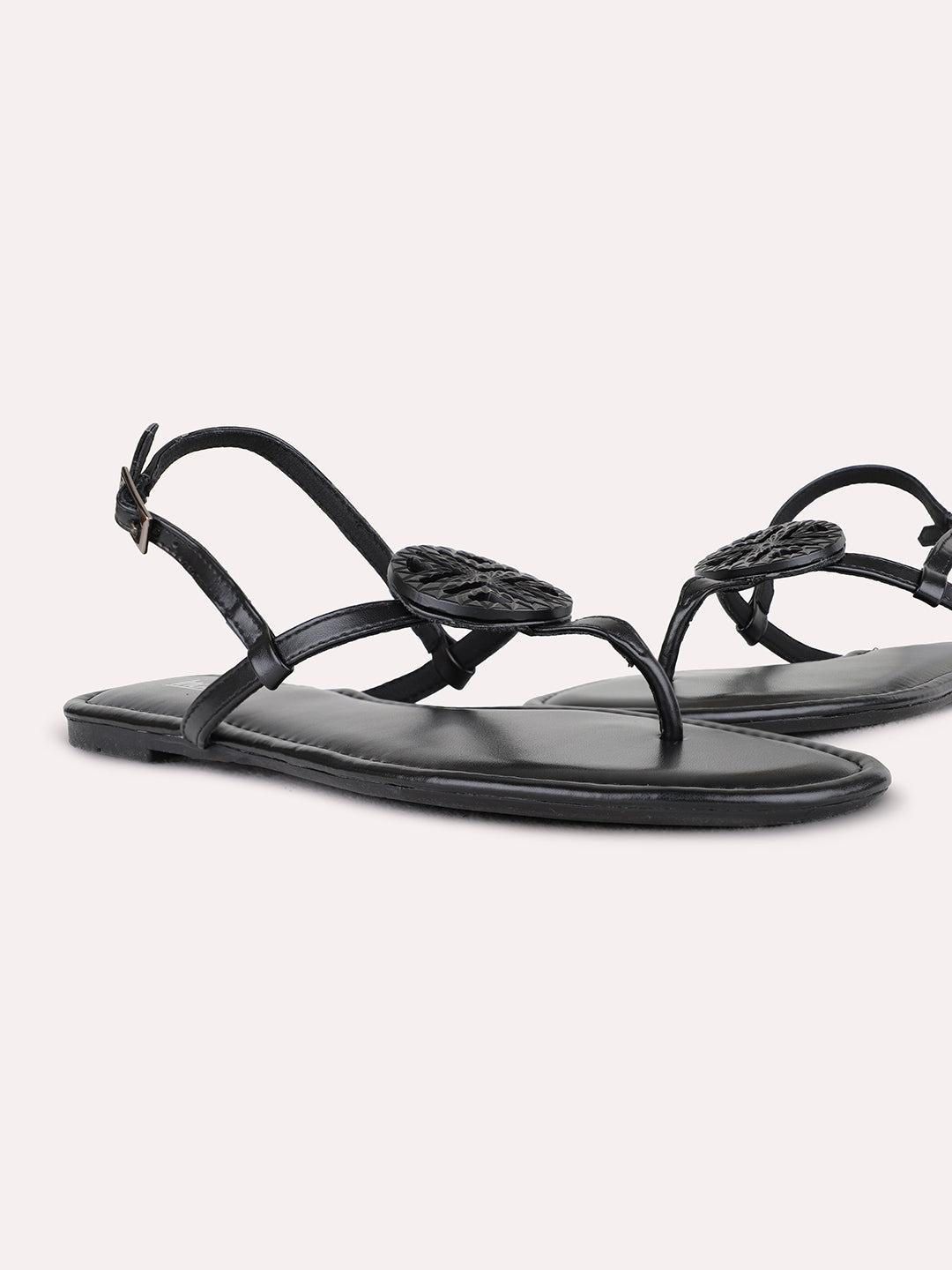 Womens Black Casual Solid T-Strap Flats