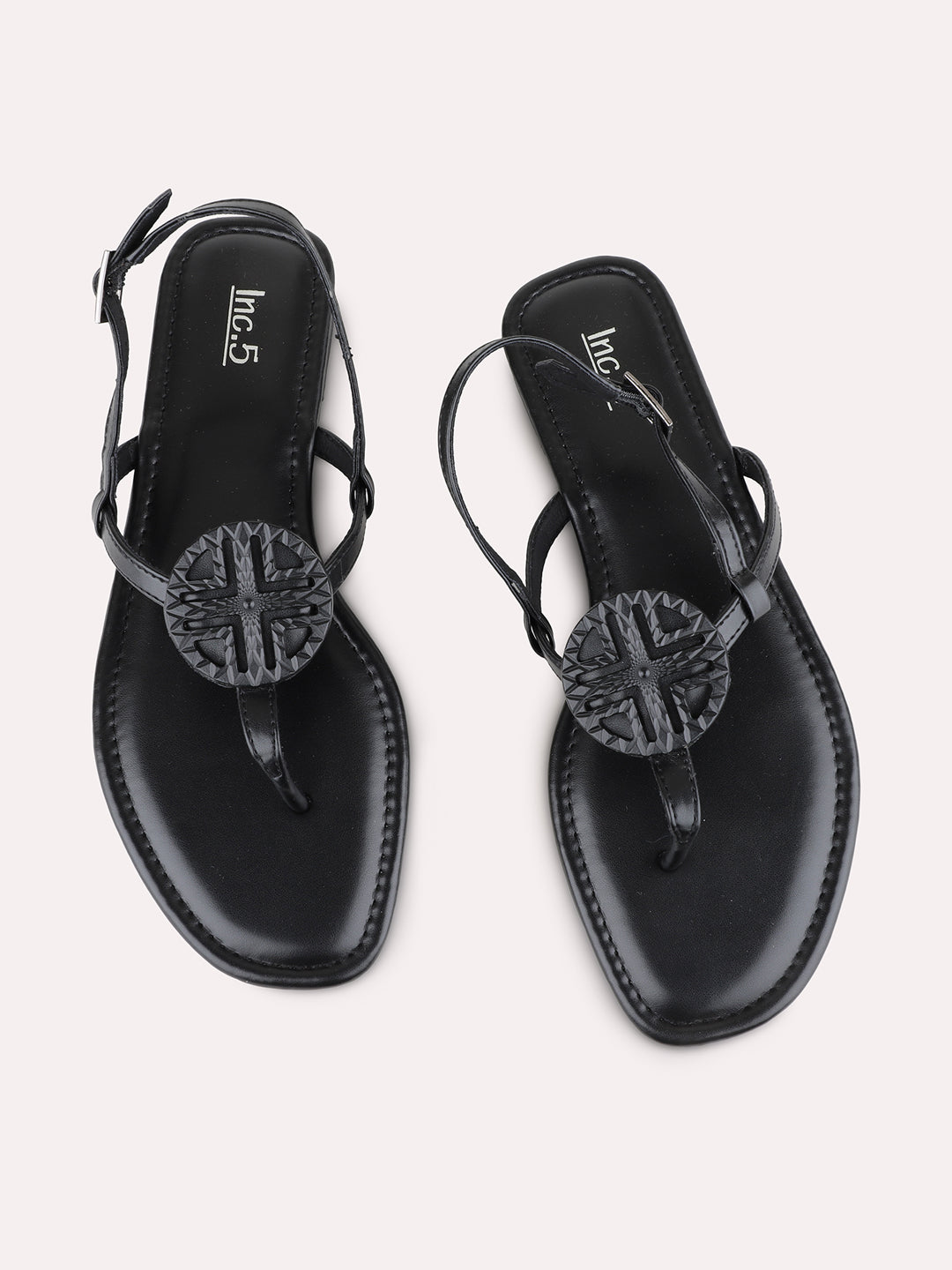 Womens Black Casual Solid T-Strap Flats