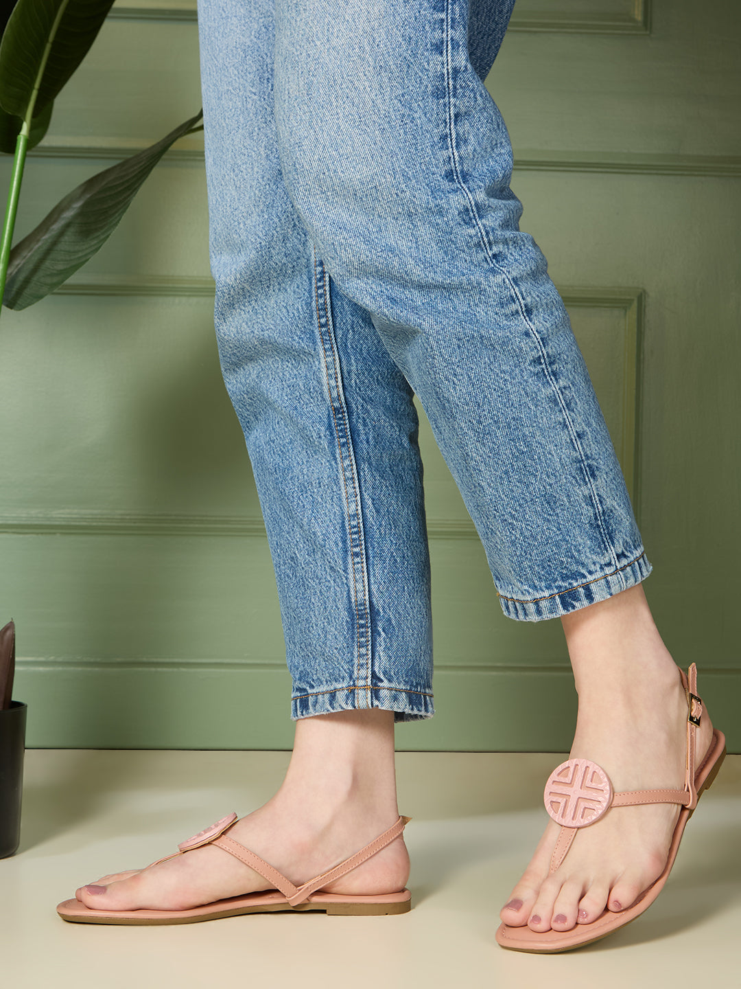 Womens Peach Casual Solid T-Strap Flat Sandals